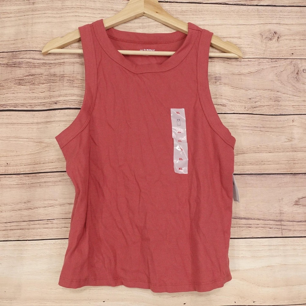Old Navy Tank Womens XL Pink Crew Neck Sleeveless Ribbed Snug Knit Top Stretch